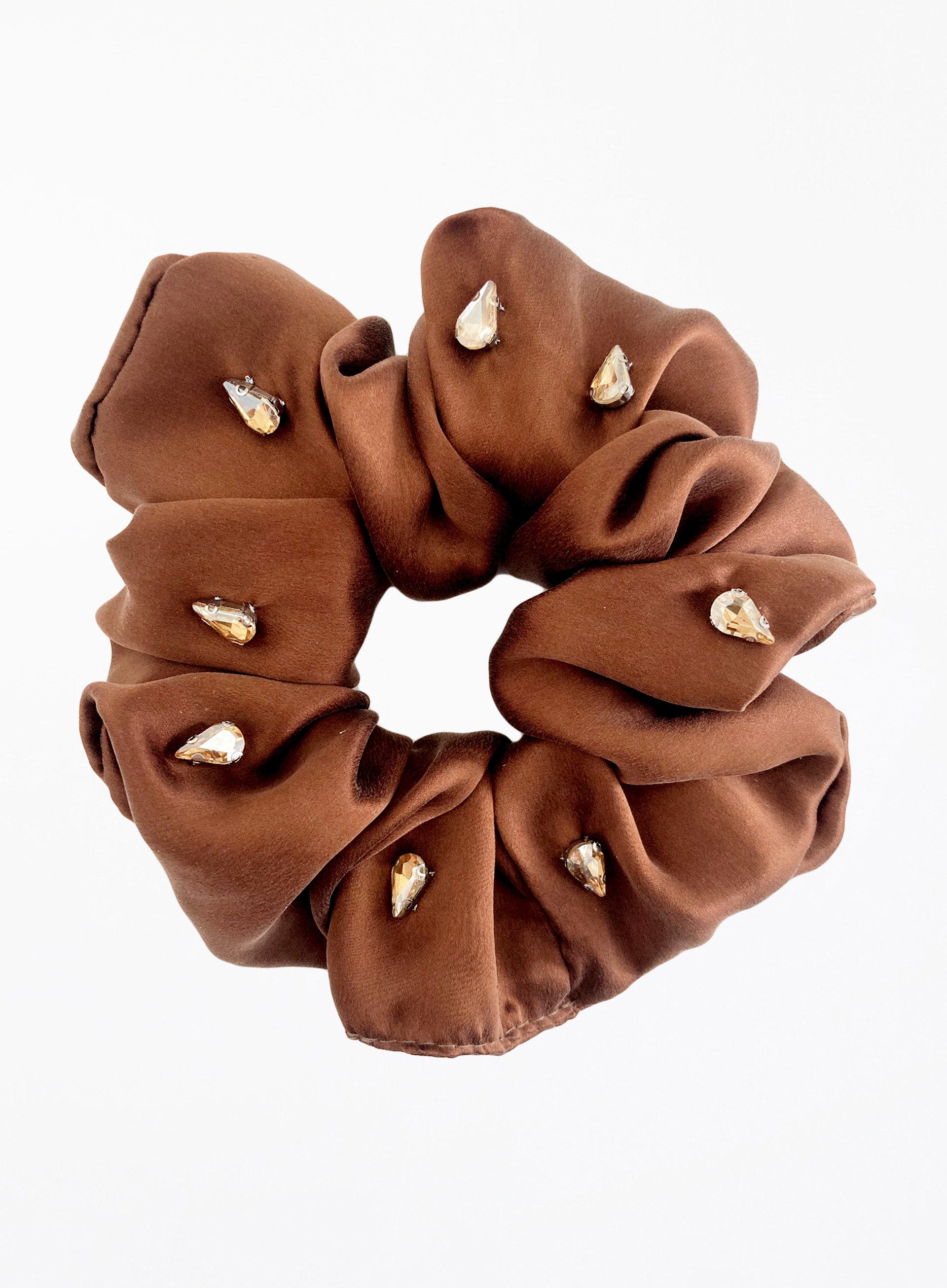 Brown Rhinestone Embellished Oversized Silk Scrunchie 