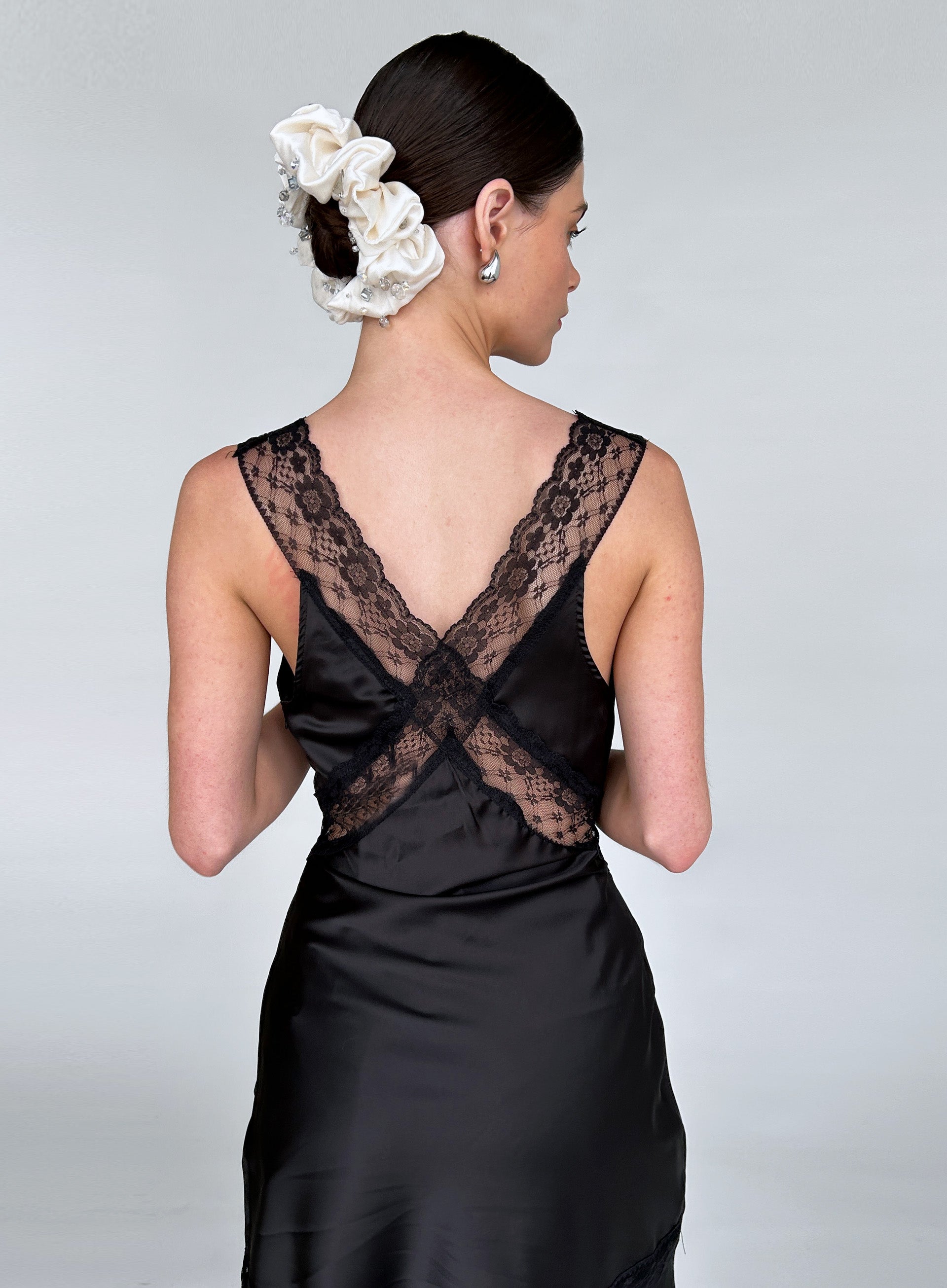 White Rhinestone Embellished Oversized Silk Scrunchie