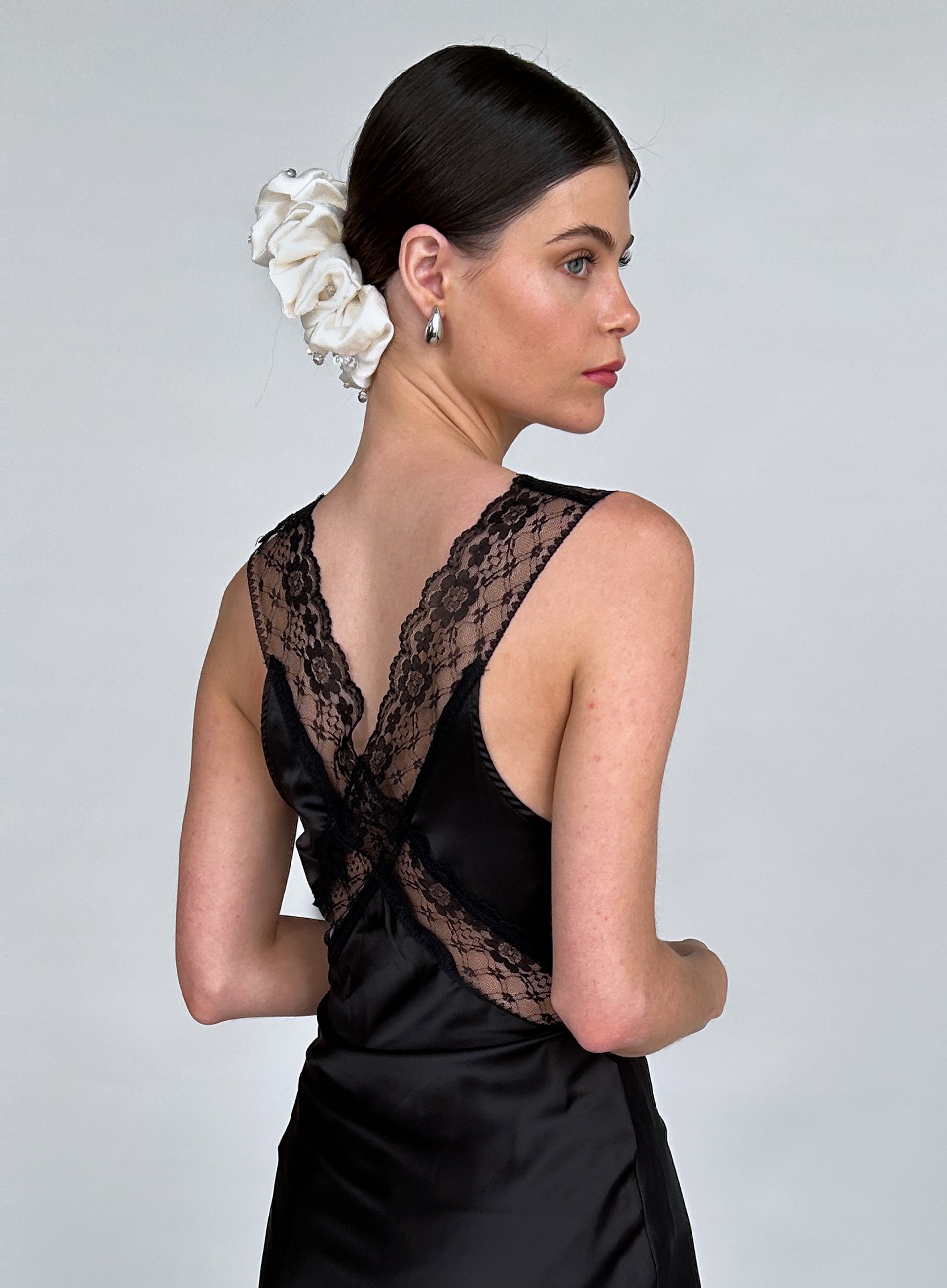 White Rhinestone Embellished Oversized Silk Scrunchie