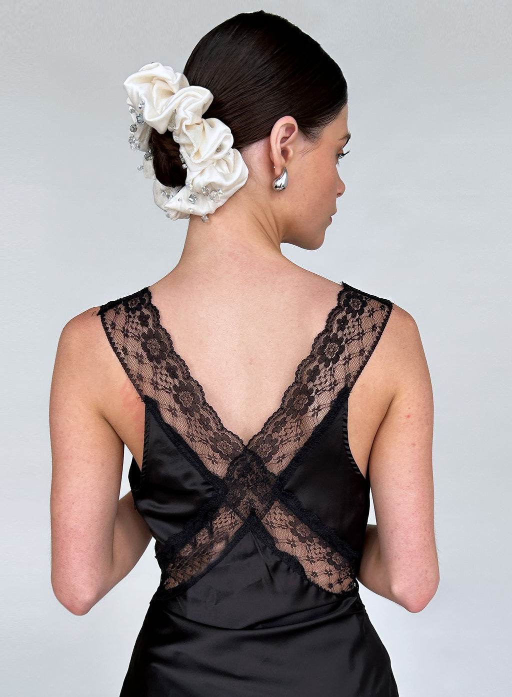 White Rhinestone Embellished Oversized Silk Scrunchie