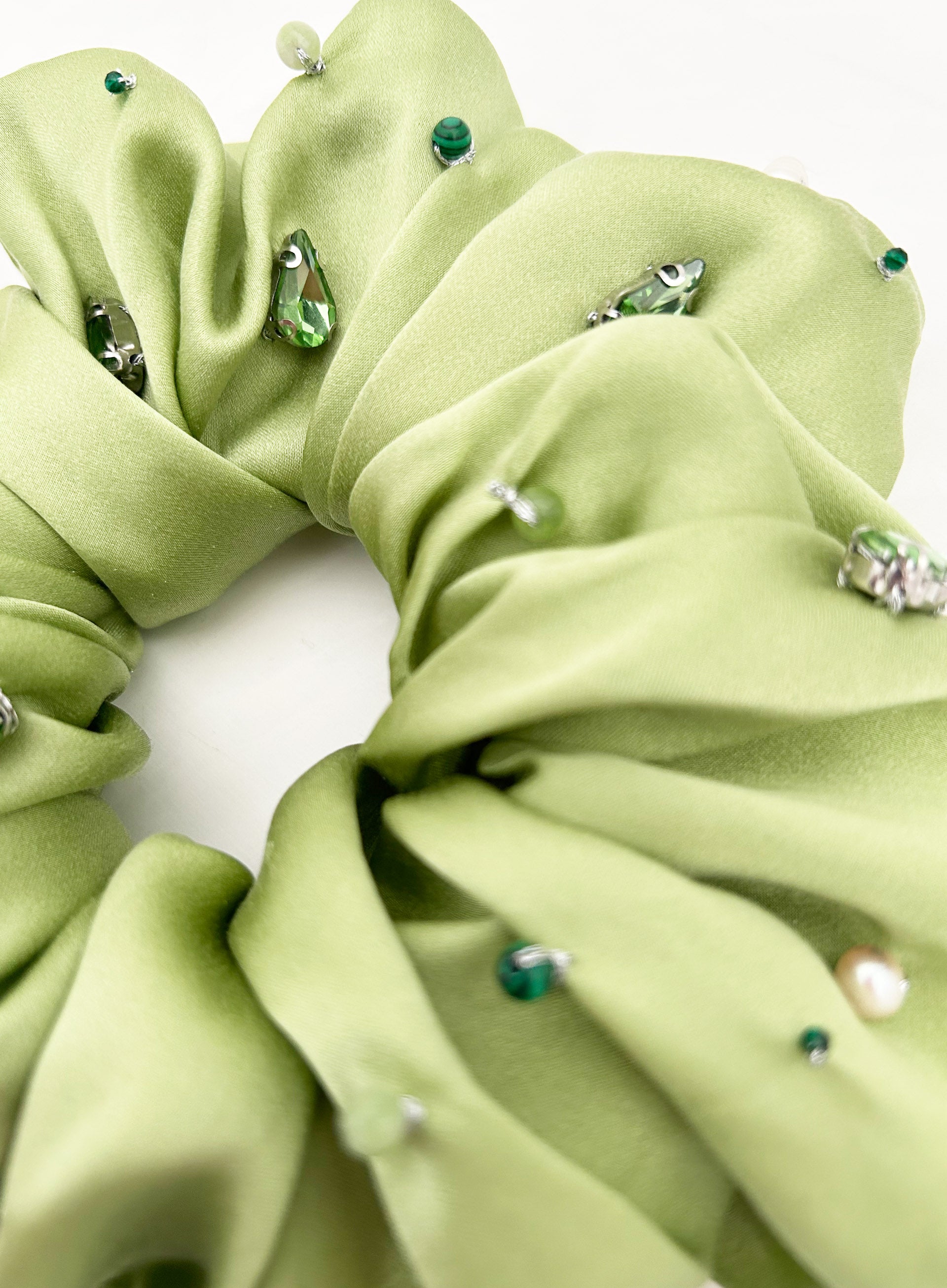 Green Embellished Oversized Silk Scrunchie