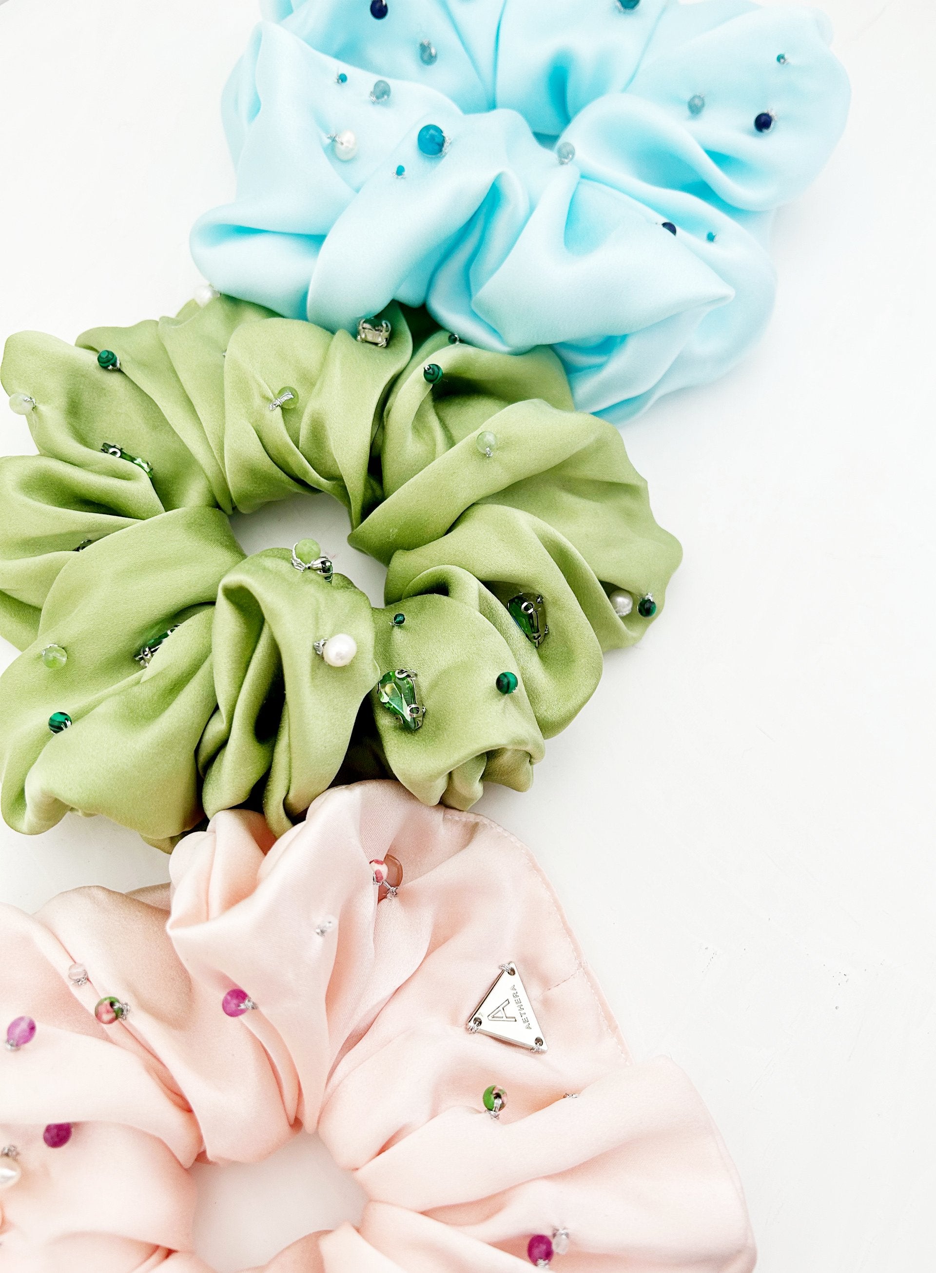 Green Embellished Oversized Silk Scrunchie