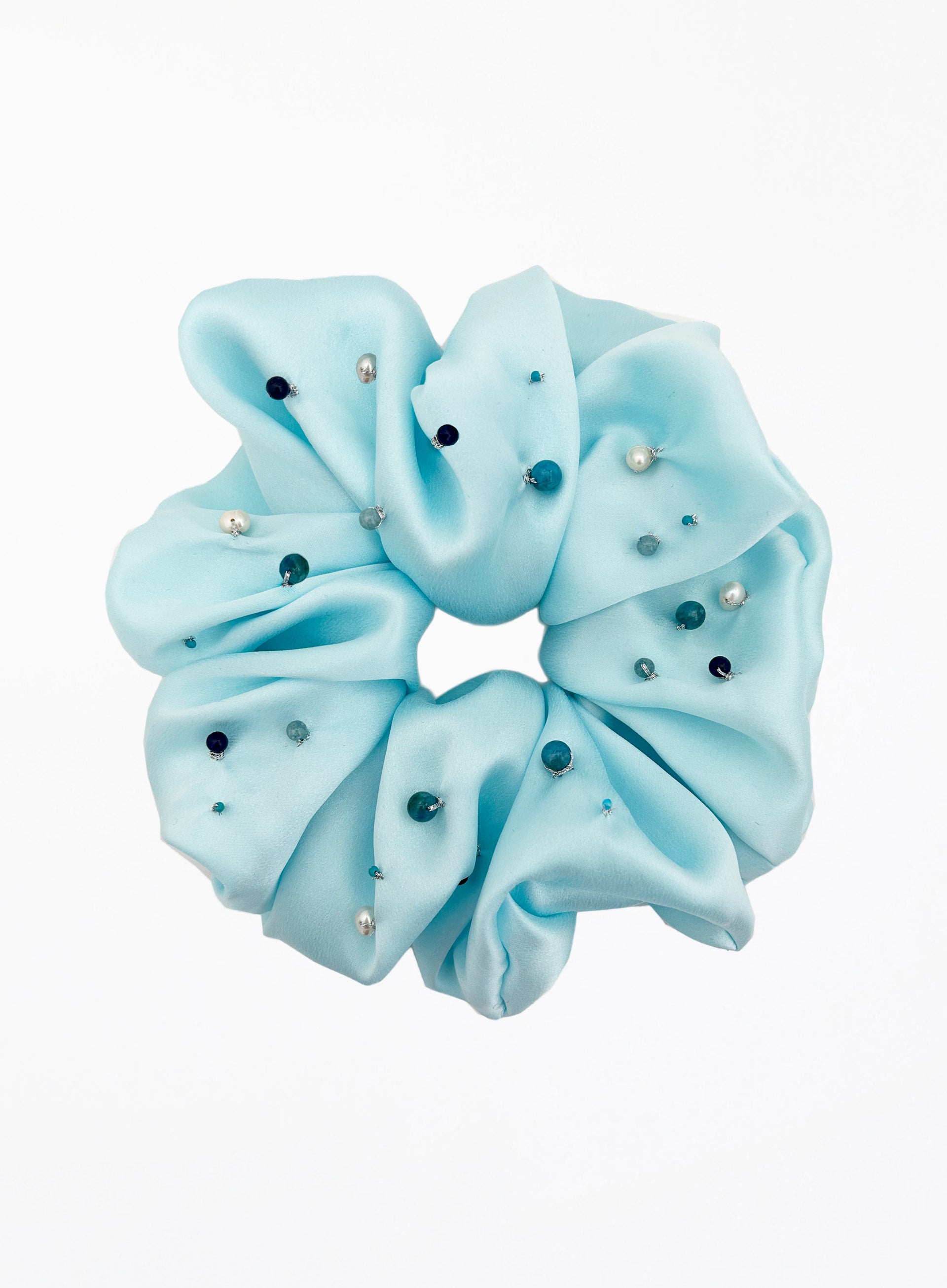 Blue Embellished Oversized Silk Scrunchie