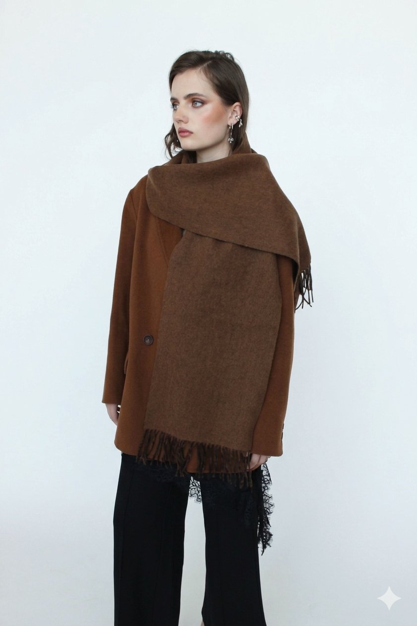 Woman wearing a brown poncho with fringe on a white background