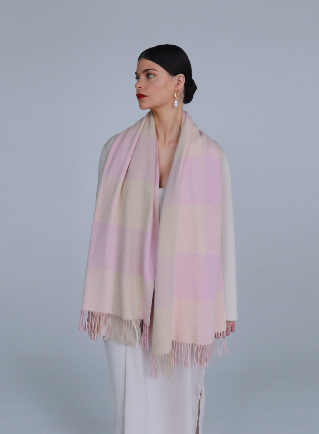 Pink Checked Fringed Cashmere Scarf