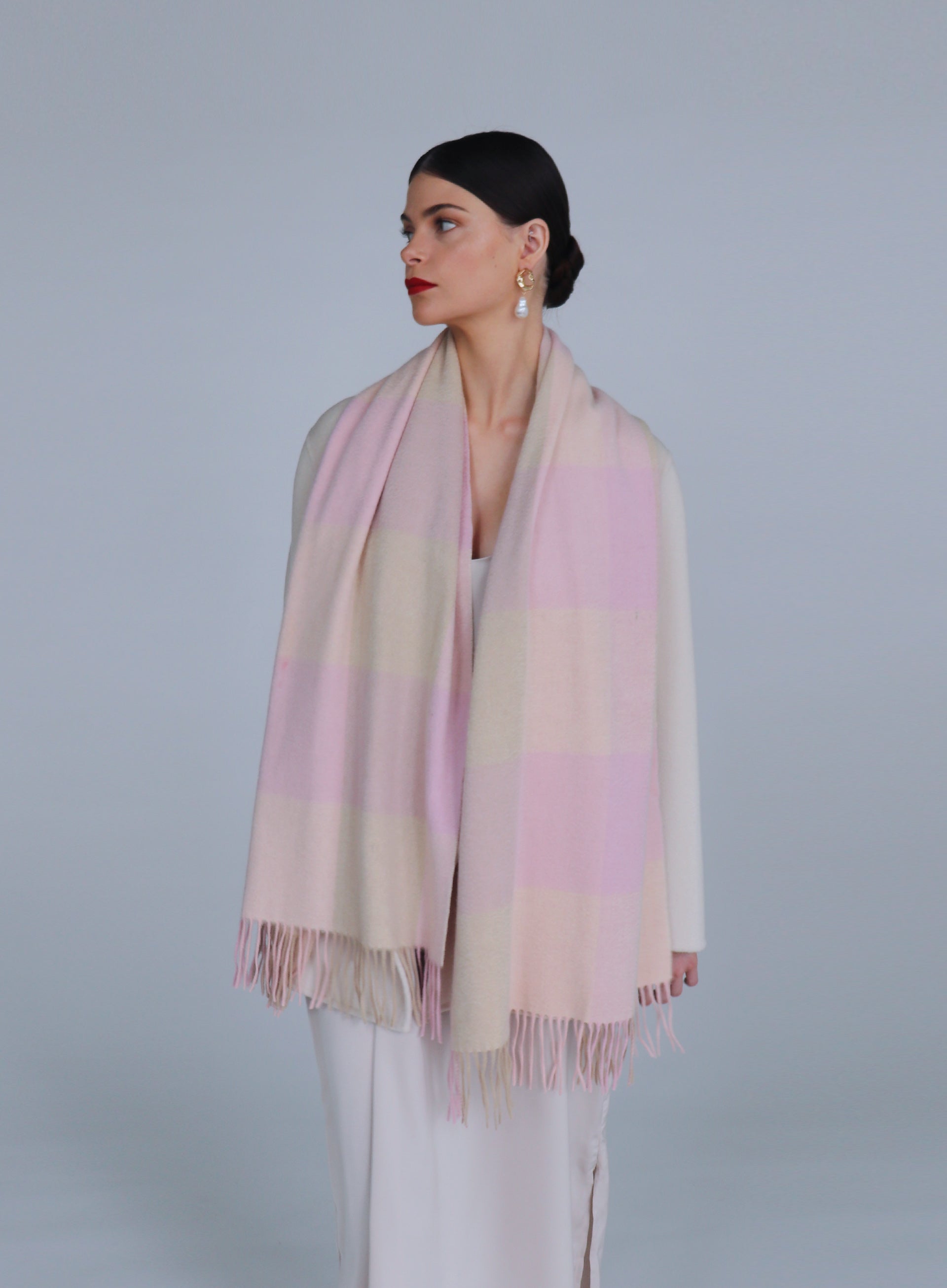 Pink Checked Fringed Cashmere Scarf