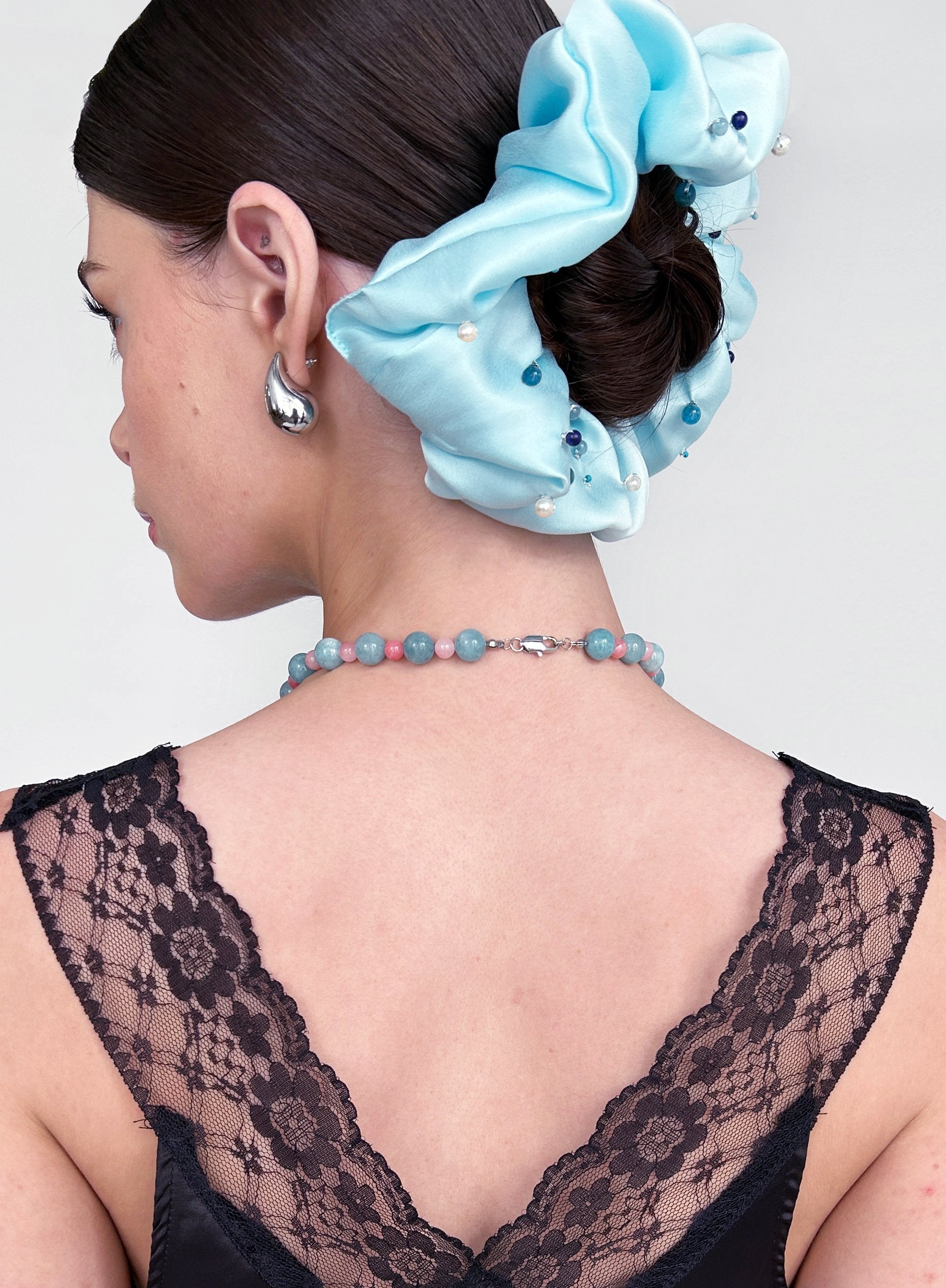 Blue Embellished Oversized Silk Scrunchie