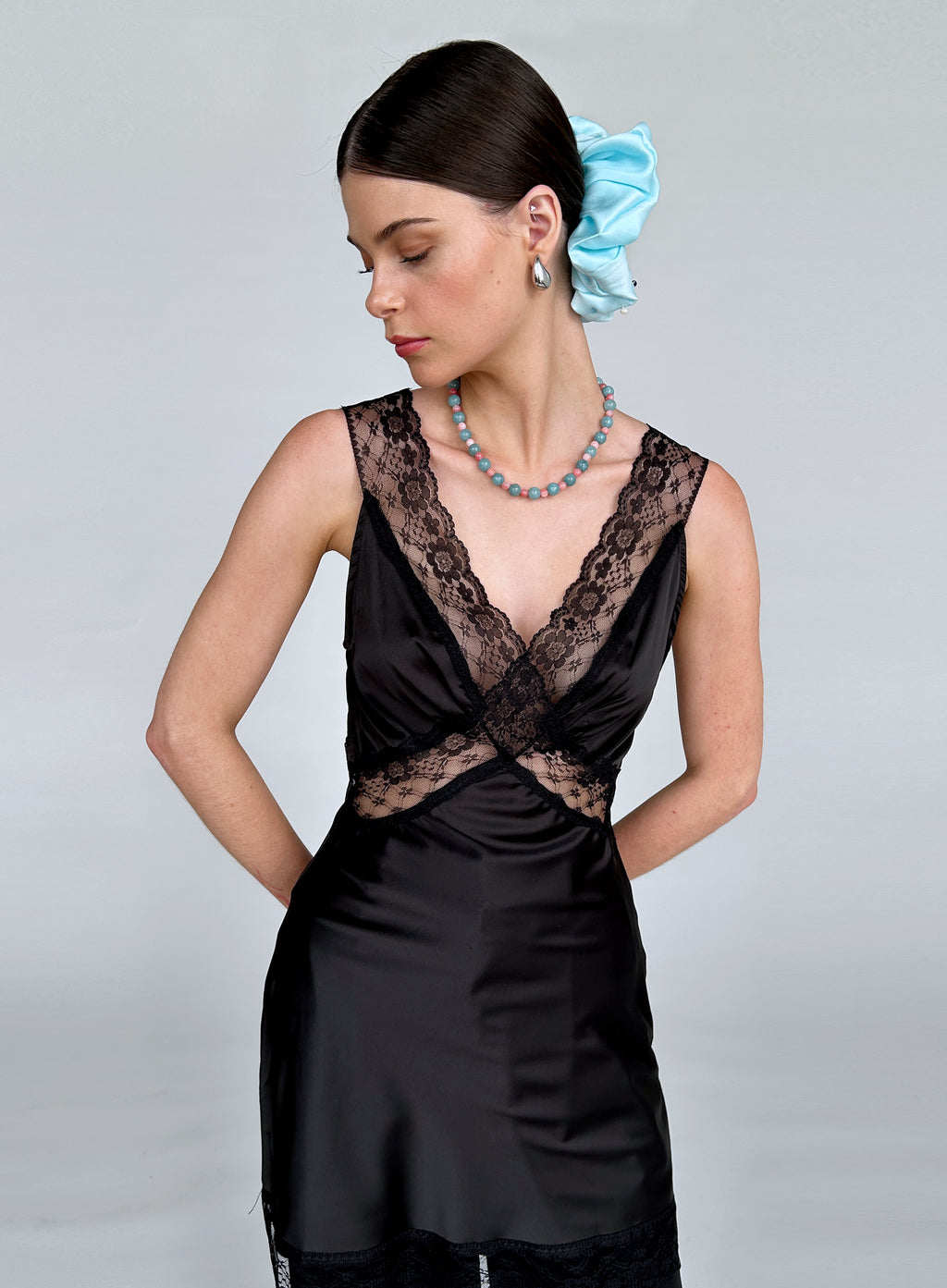 Blue Embellished Oversized Silk Scrunchie