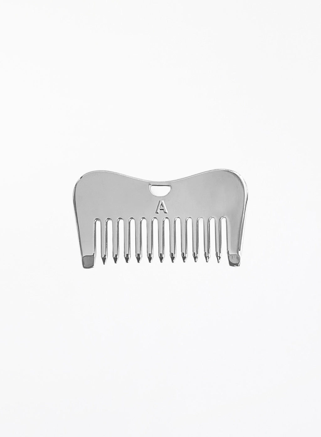 A silver metal beard comb attachment with a wavy top edge and a small engraved letter 'A' near the center, shown on a plain white background.