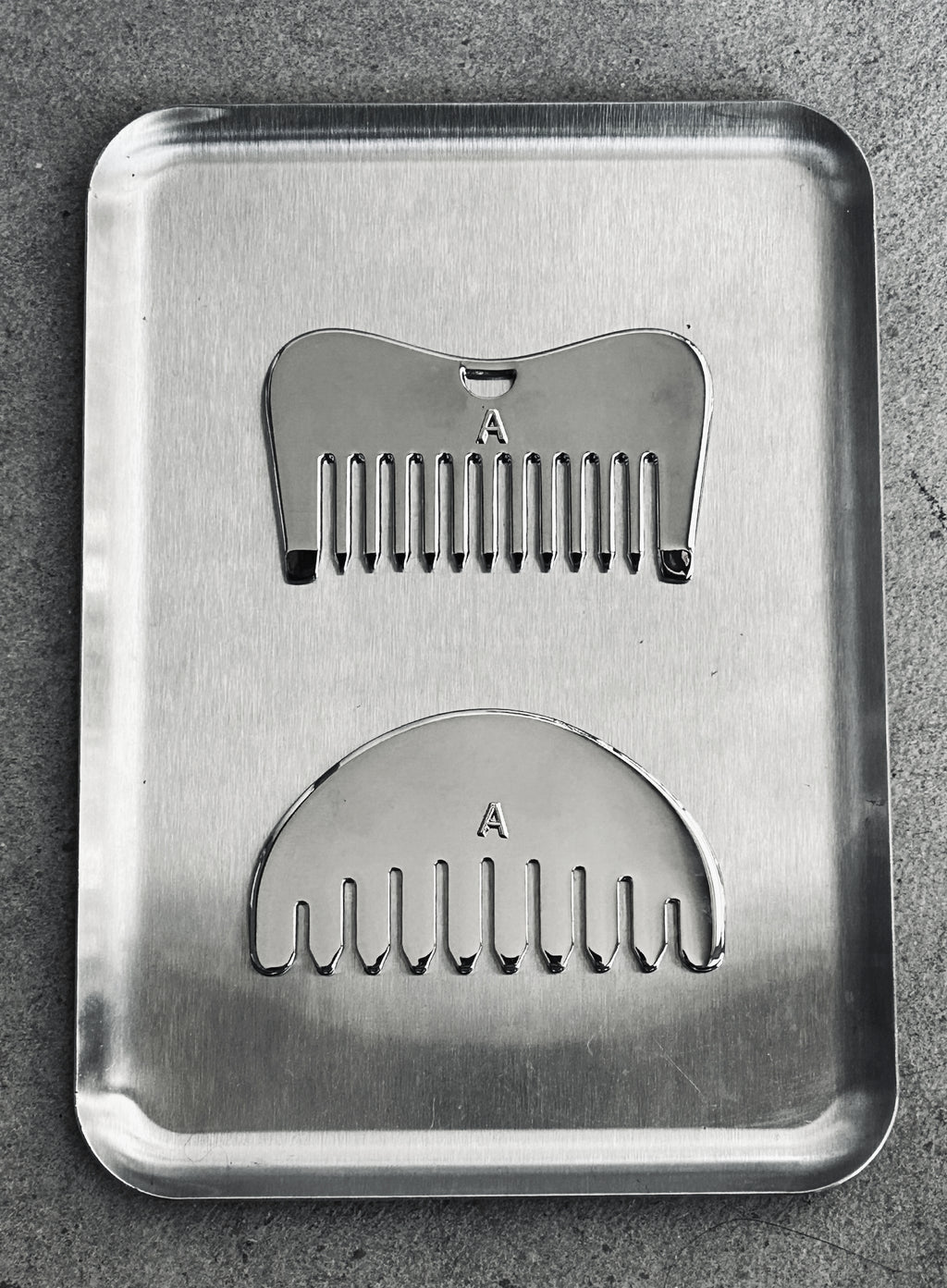 A brushed metal grooming tray containing two silver metal comb-shaped tools, each marked with the letter A, placed on a textured gray surface.