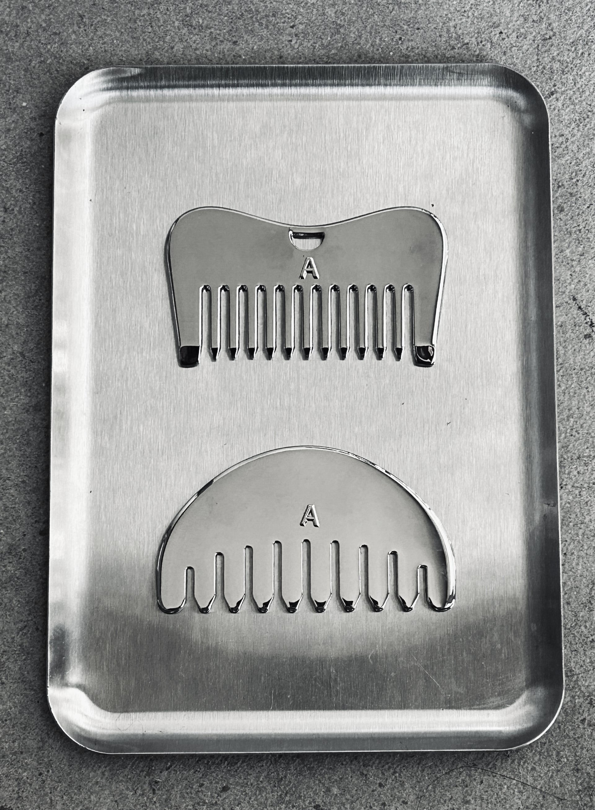 A brushed metal grooming tray containing two silver metal comb-shaped tools, each marked with the letter A, placed on a textured gray surface.