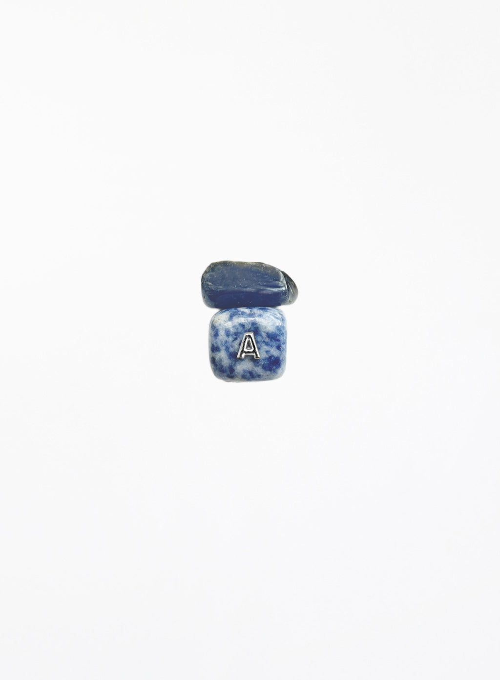 A small blue and white marbled gemstone charm bead with a polished dark blue top cap and a white letter 'A' on the front, centered on a plain white background.
