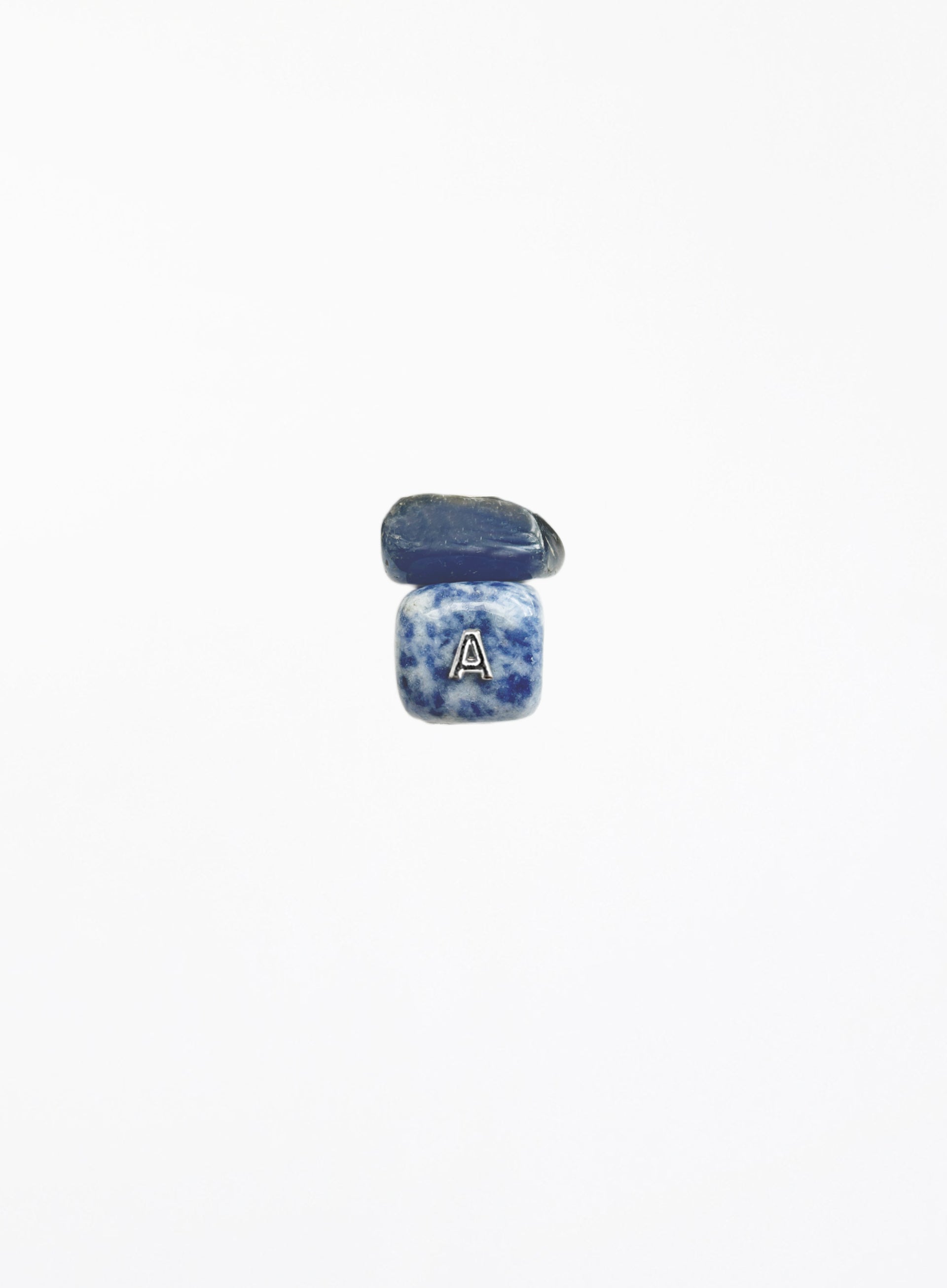 A small blue and white marbled gemstone charm bead with a polished dark blue top cap and a white letter 'A' on the front, centered on a plain white background.