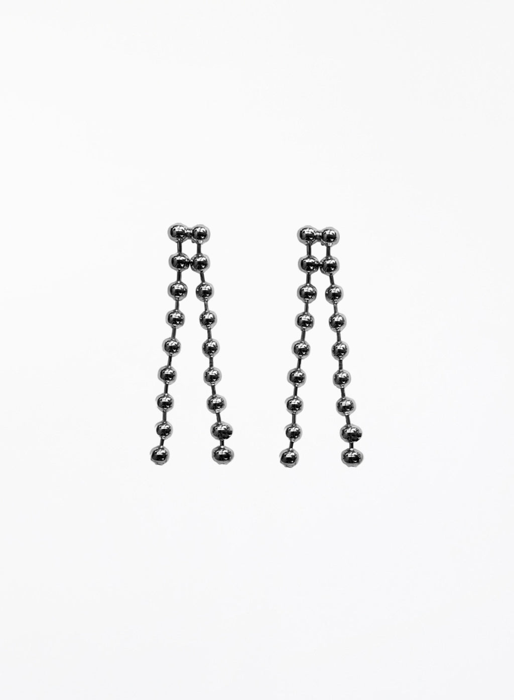 Pair of silver ball chain earrings on a white background