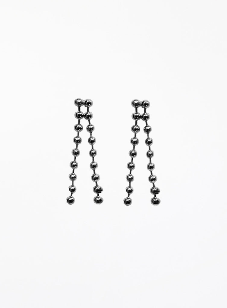 Pair of silver ball chain earrings on a white background