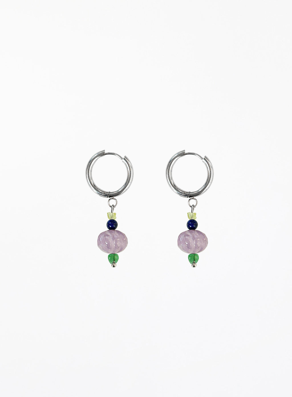 Pair of hoop earrings with multi gemstones on a white background