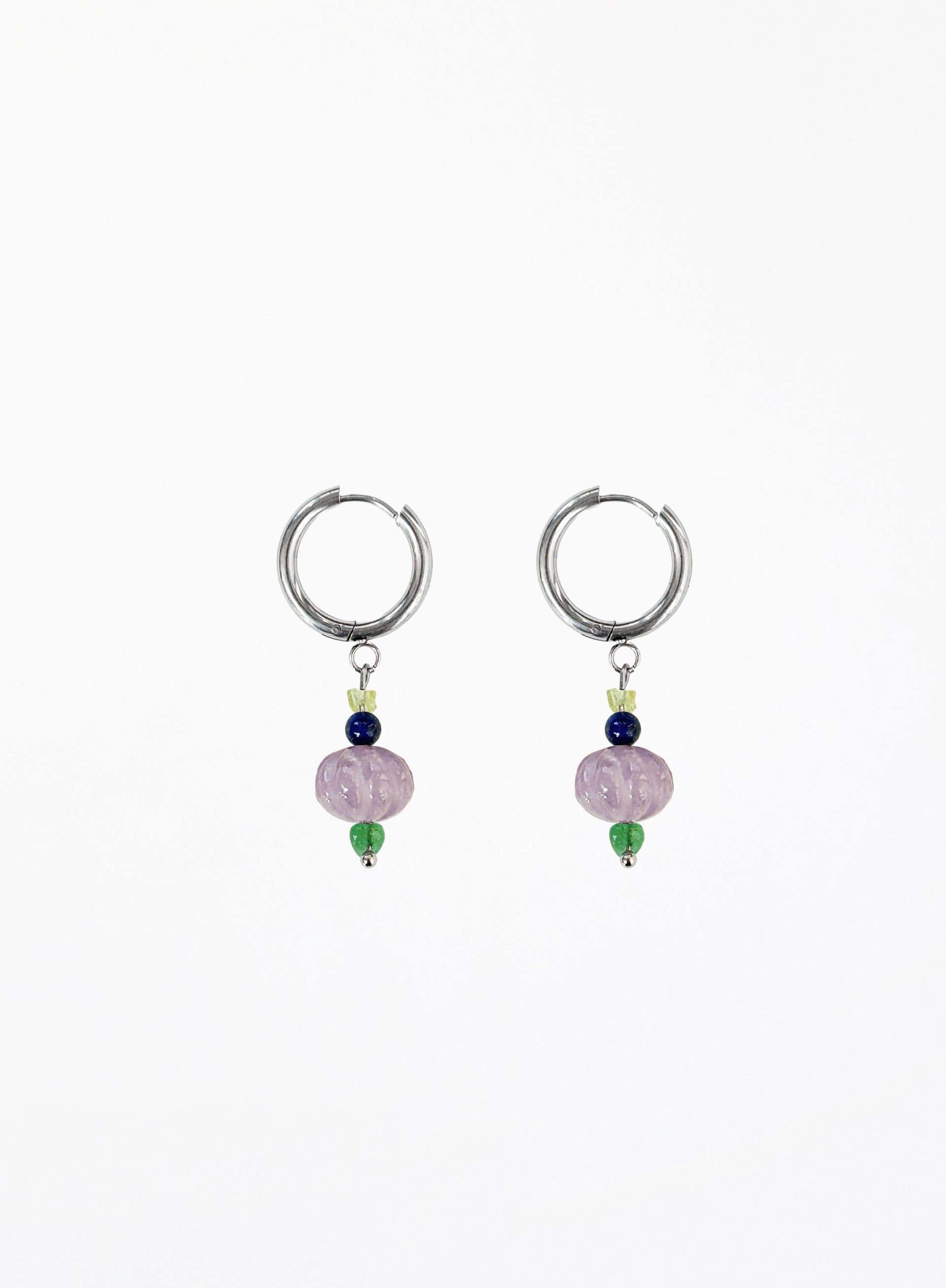 Pair of hoop earrings with multi gemstones on a white background