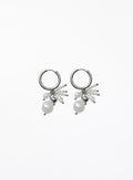 A pair of silver hoop earrings with dangling pearl clusters and small silver beads, shown on a plain white background.