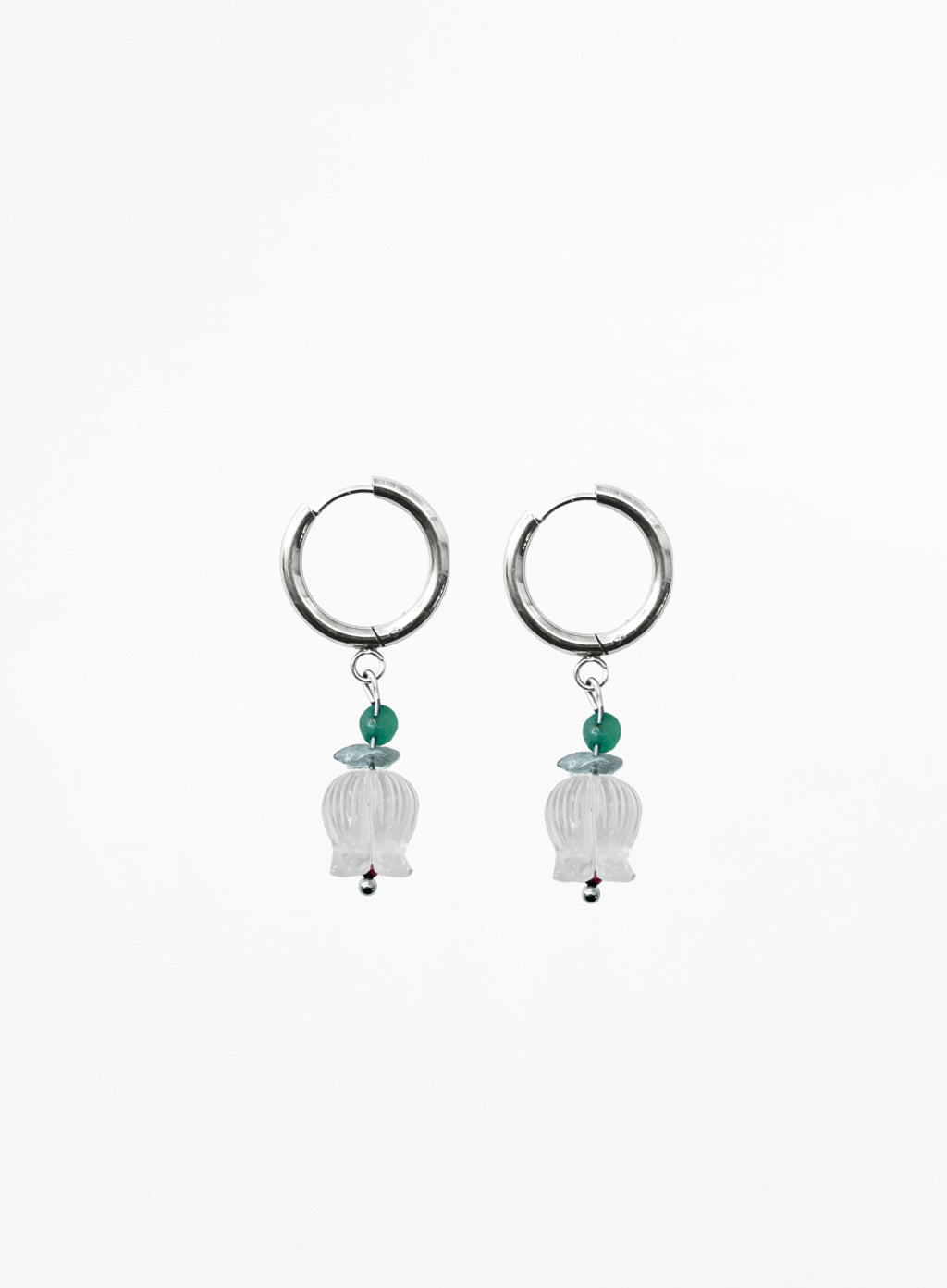 Pair of hoop earrings with hanging beads on a white background