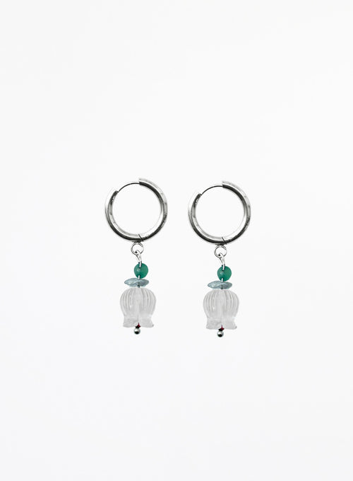 Pair of hoop earrings with hanging beads on a white background