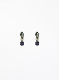 Pair of silver hoop earrings with purple gemstones on a white background