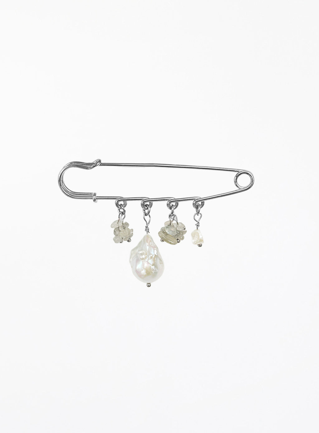 A silver safety pin brooch decorated with four dangling baroque pearl and labradorite beads of varying sizes, set against a plain white background.