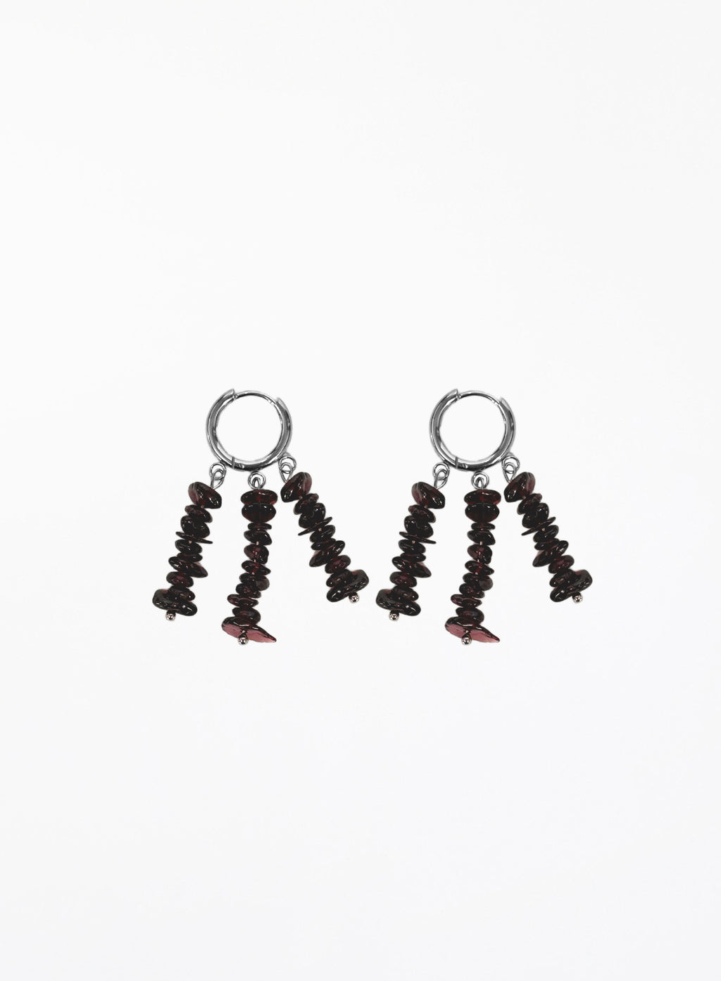 A pair of drop earrings featuring silver-tone hoop tops and dangling clusters of dark brown to black disc-shaped beads with small red accents, shown on a plain white background.