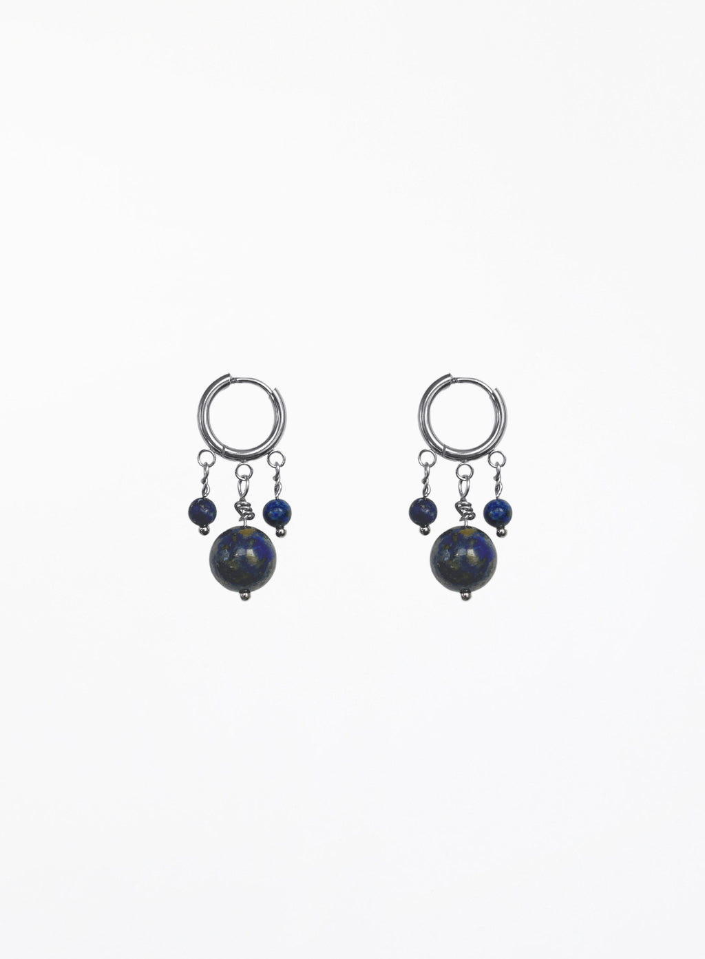 A pair of silver hoop earrings with dangling blue beads and dark round stones, shown against a plain white background.