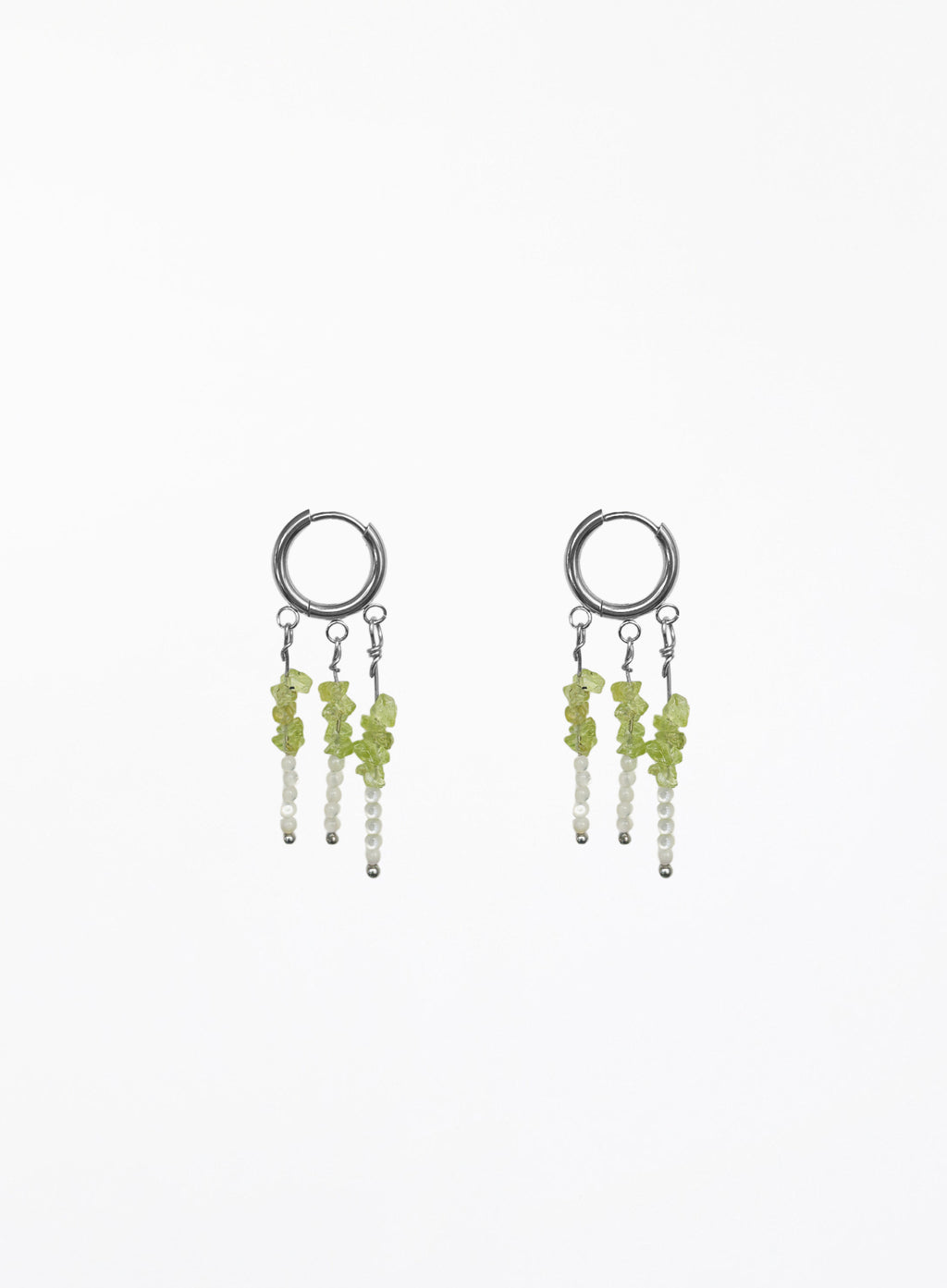 A pair of silver hoop dangle earrings with small green and white beads, shown on a plain white background.