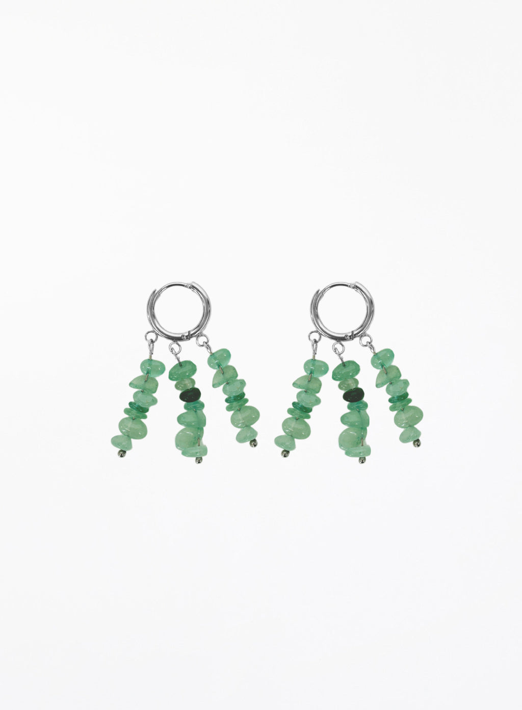 A pair of silver hoop earrings with dangling chains of small green stone beads, shown on a plain white background.
