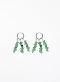 A pair of silver hoop earrings with dangling chains of small green stone beads, shown on a plain white background.
