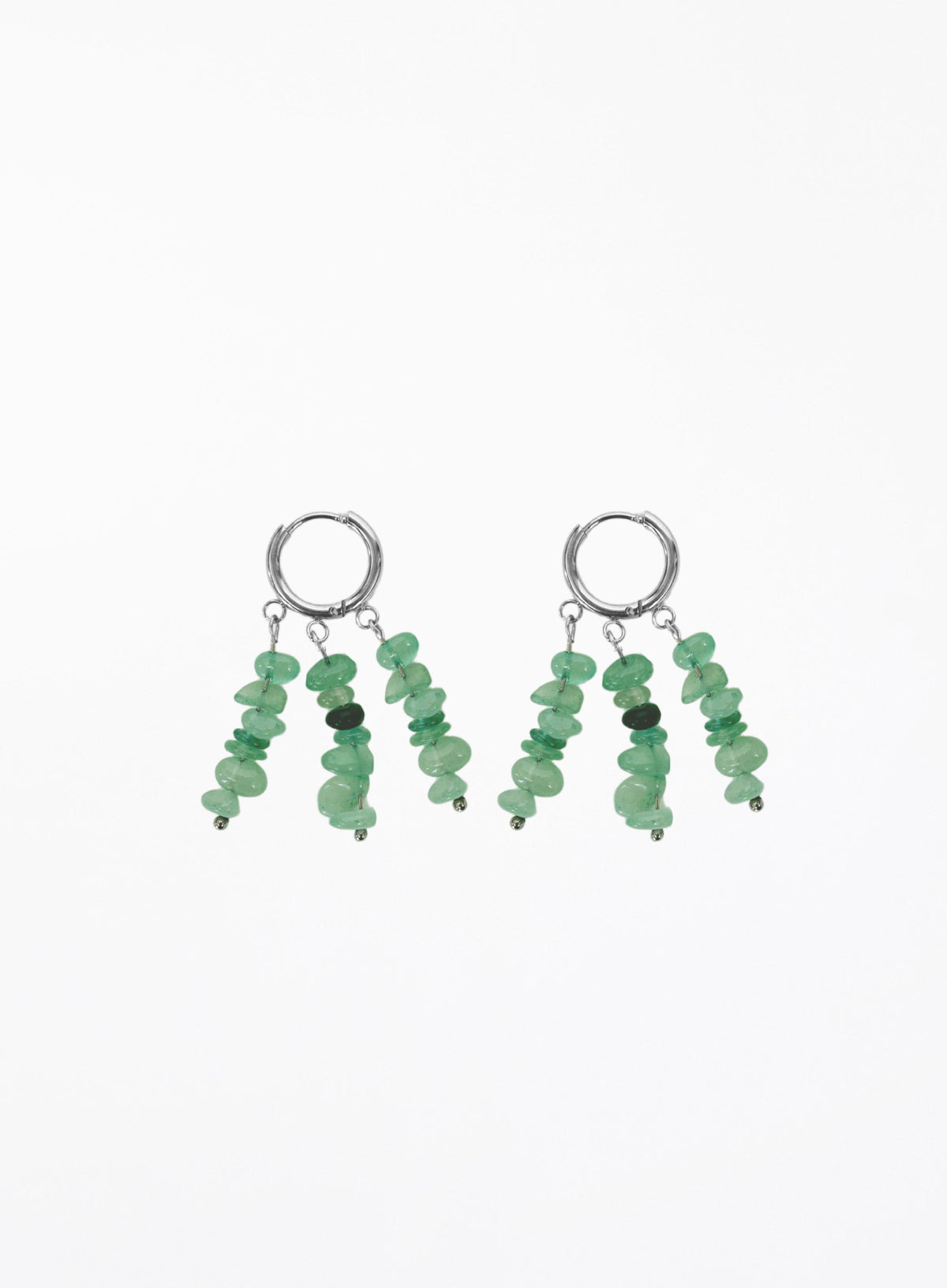 A pair of silver hoop earrings with dangling chains of small green stone beads, shown on a plain white background.