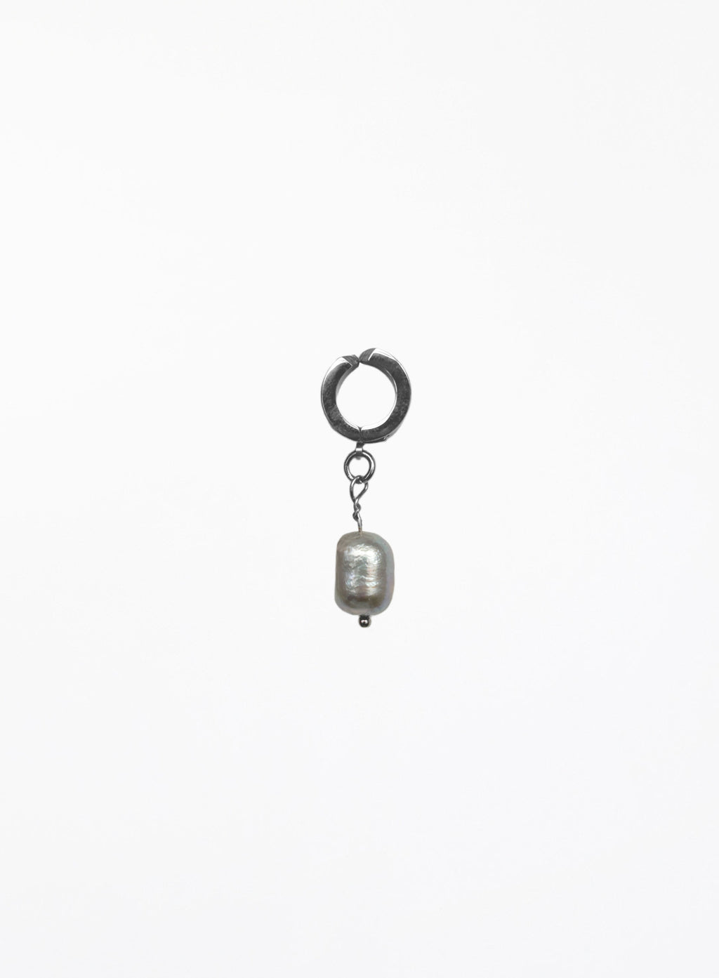 A single drop earring featuring a dark silver-toned hoop at the top and a dangling greypearl charm below, set against a solid white background.