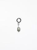 A single drop earring featuring a dark silver-toned hoop at the top and a dangling greypearl charm below, set against a solid white background.