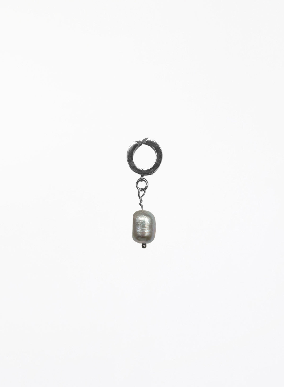 A single drop earring featuring a dark silver-toned hoop at the top and a dangling greypearl charm below, set against a solid white background.