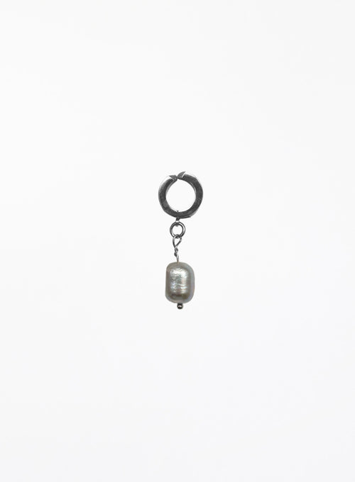 A single drop earring featuring a dark silver-toned hoop at the top and a dangling greypearl charm below, set against a solid white background.