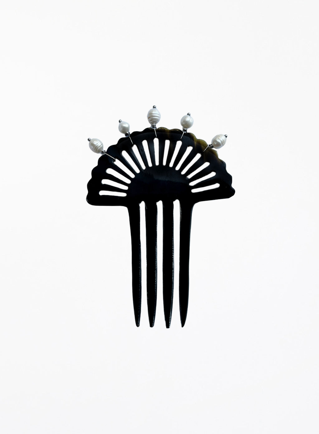 A black resin fan-shaped hair comb with five prongs and five small white decorative pearls on the top, shown against a plain white background.