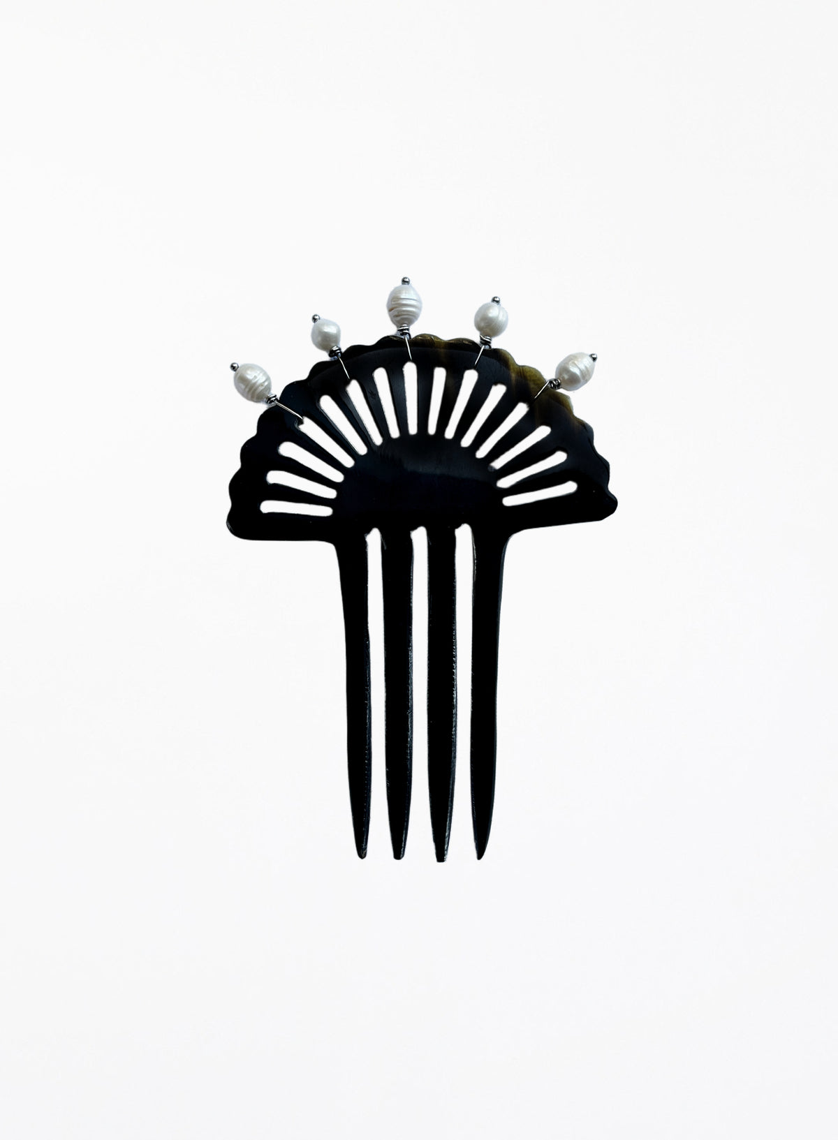 A black resin fan-shaped hair comb with five prongs and five small white decorative pearls on the top, shown against a plain white background.