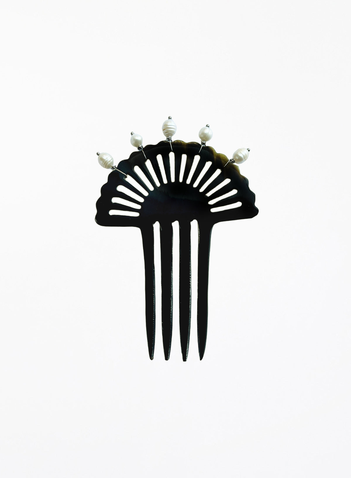 A black hair comb with a fan-shaped top and five prongs, decorated with five small white pearl-like beads along the top edge, shown against a plain white background.