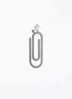 A minimalist steel paperclip-shaped bookmark with a pearl and initial charm shown against a plain white background.