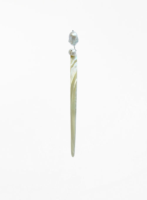 A single long drop shell hair pin featuring a baroque pearl at the top and a slender, iridescent mother-of-pearl pin below, set against a plain white background.