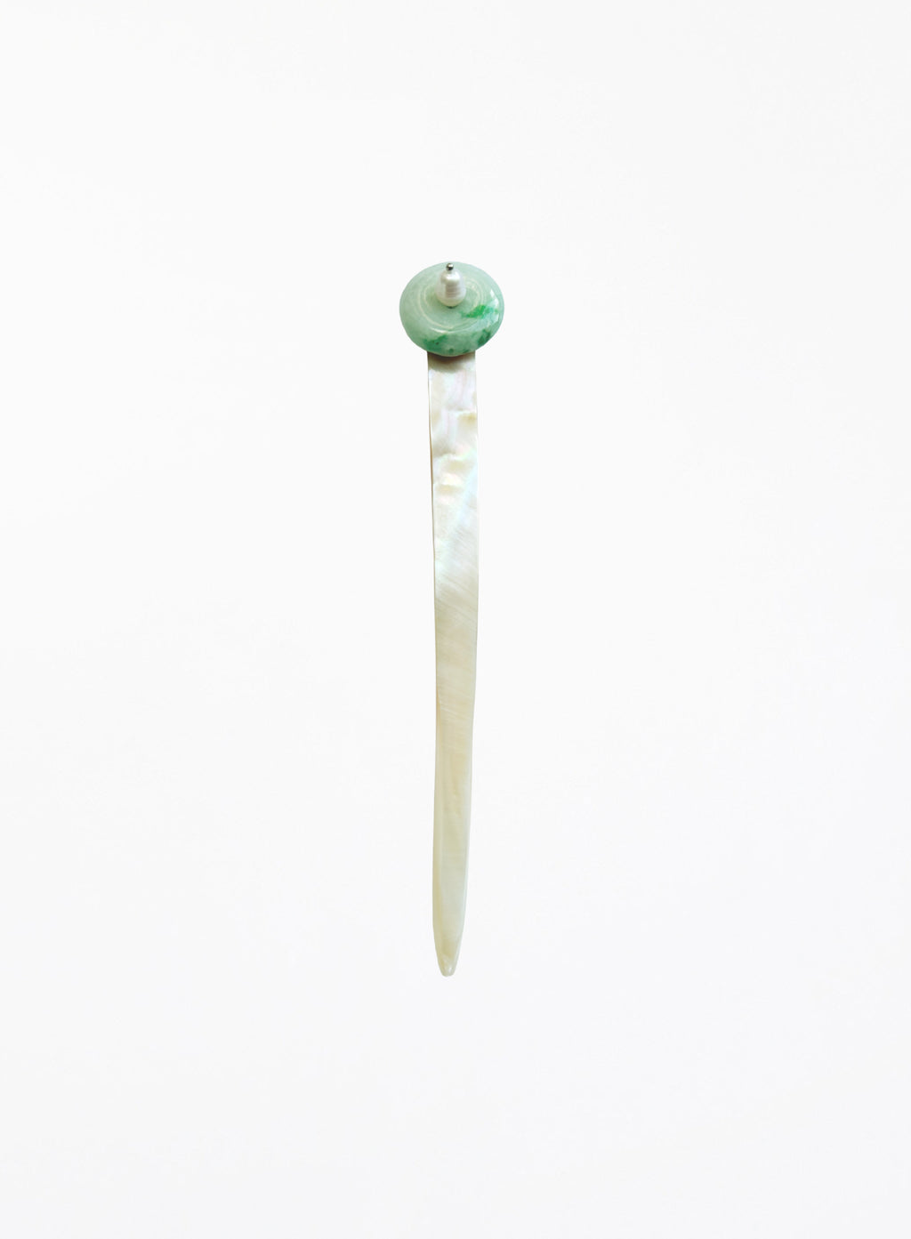 A single long hair pin with a round green and white pearl top and a slender white mother-of-pearl body pin, shown against a plain white background.