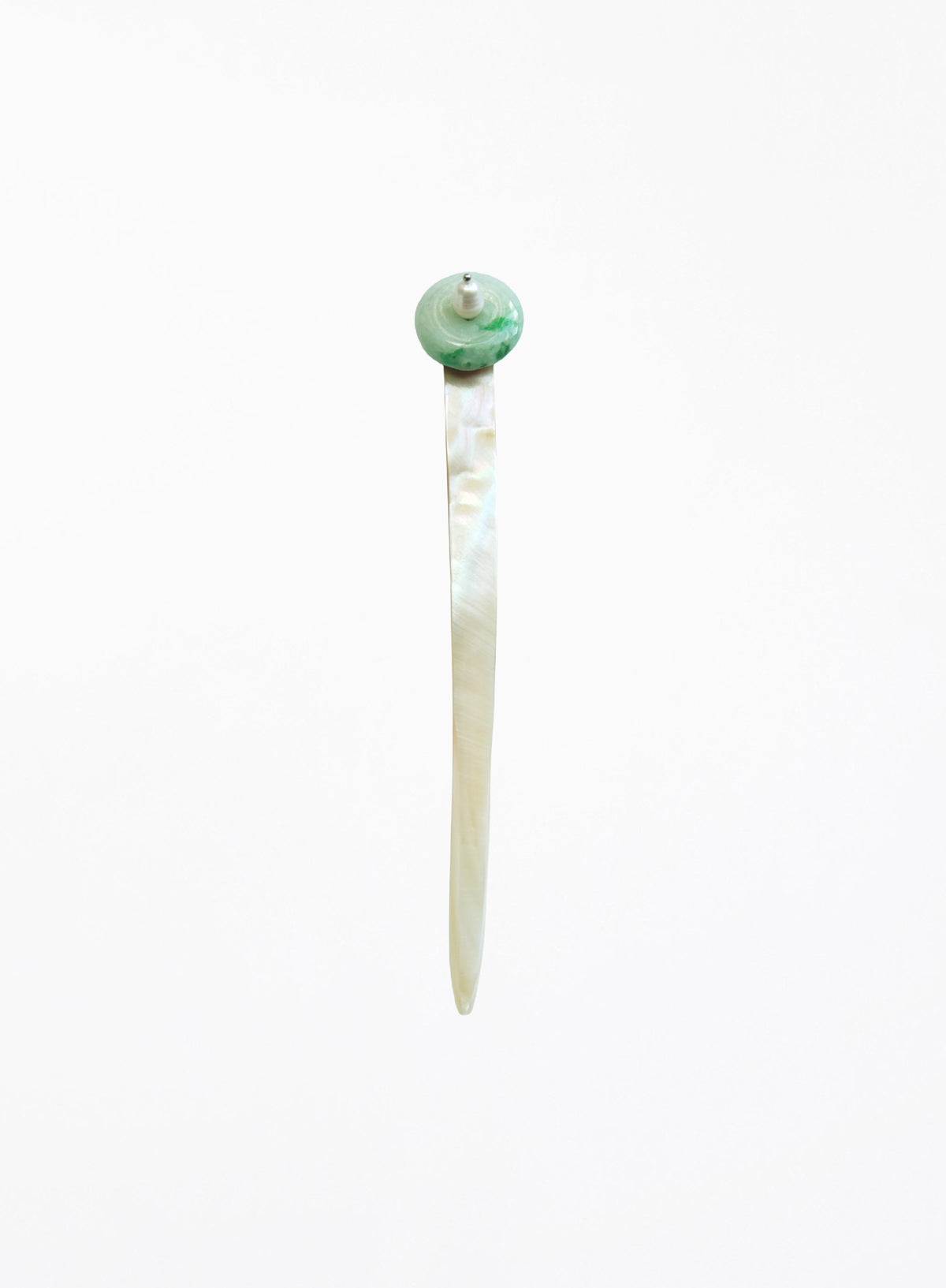 A single long hair pin with a round green and white pearl top and a slender white mother-of-pearl body pin, shown against a plain white background.
