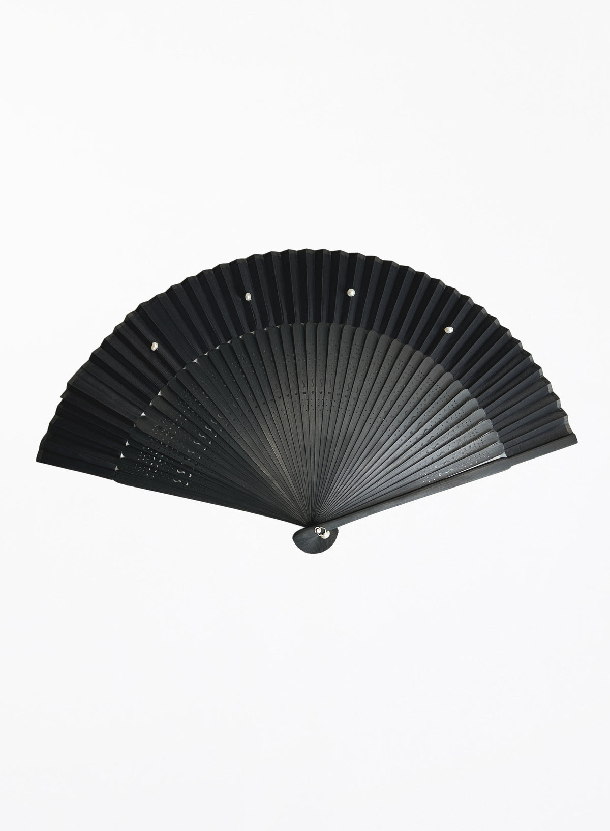 A black folding hand fan with a ribbed silk blade and a dark handle, shown open against a plain white background.
