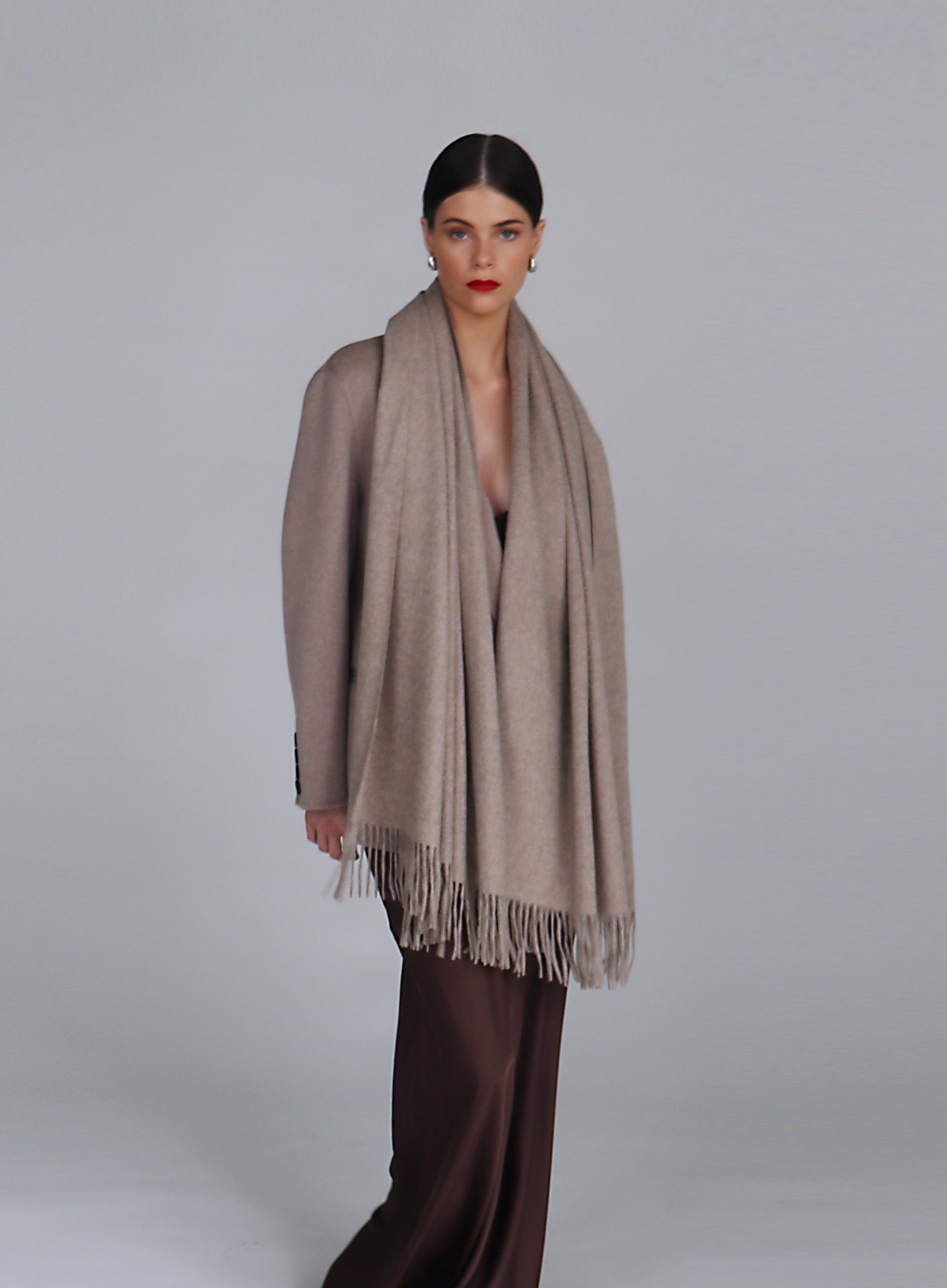 Beige Fringed Cashmere Scarf