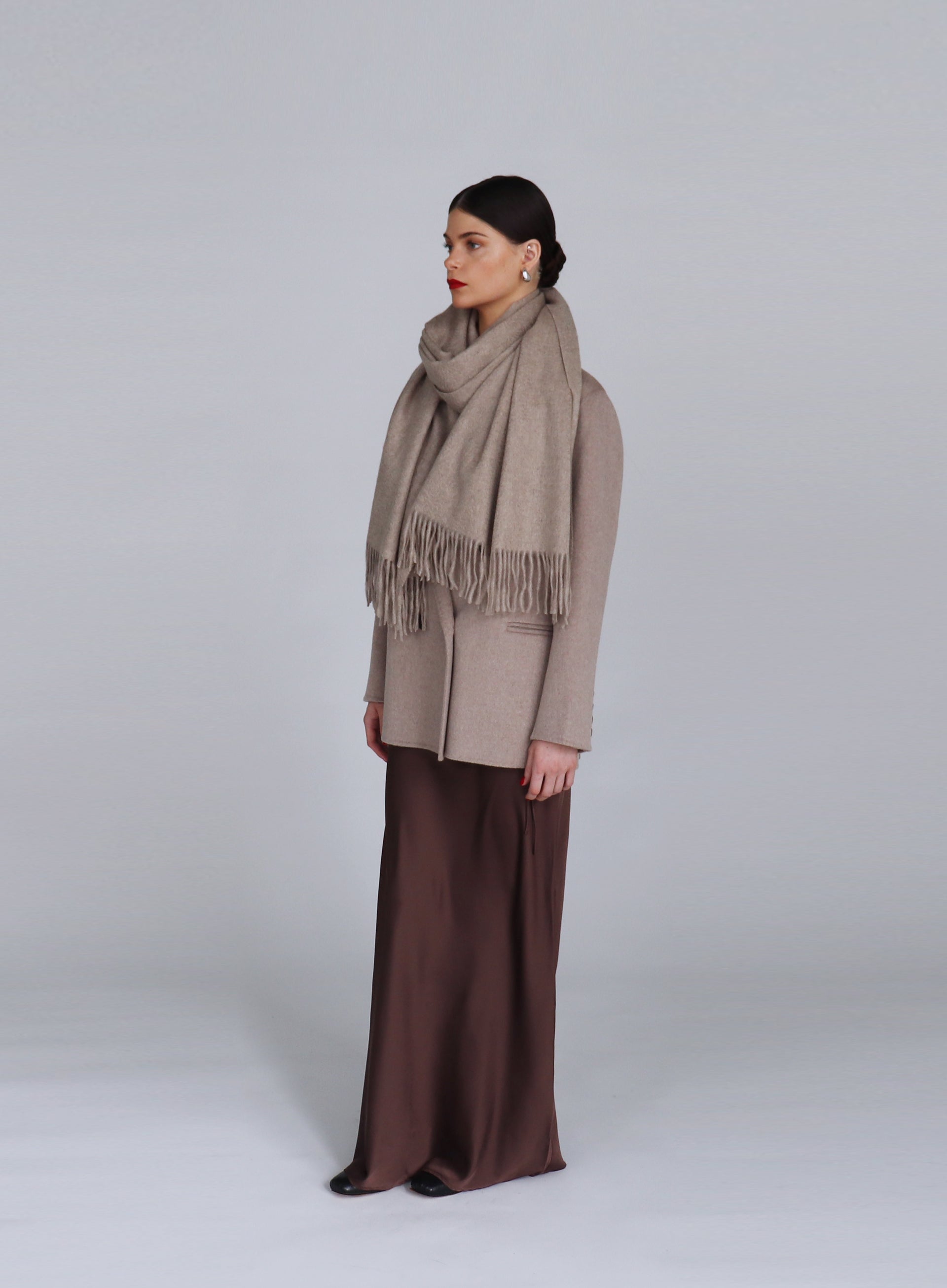 Beige Fringed Cashmere Scarf