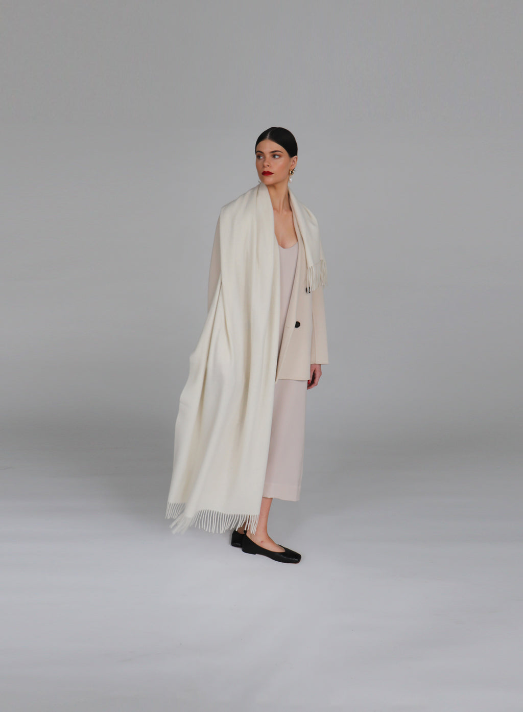 White Fringed Cashmere Scarf