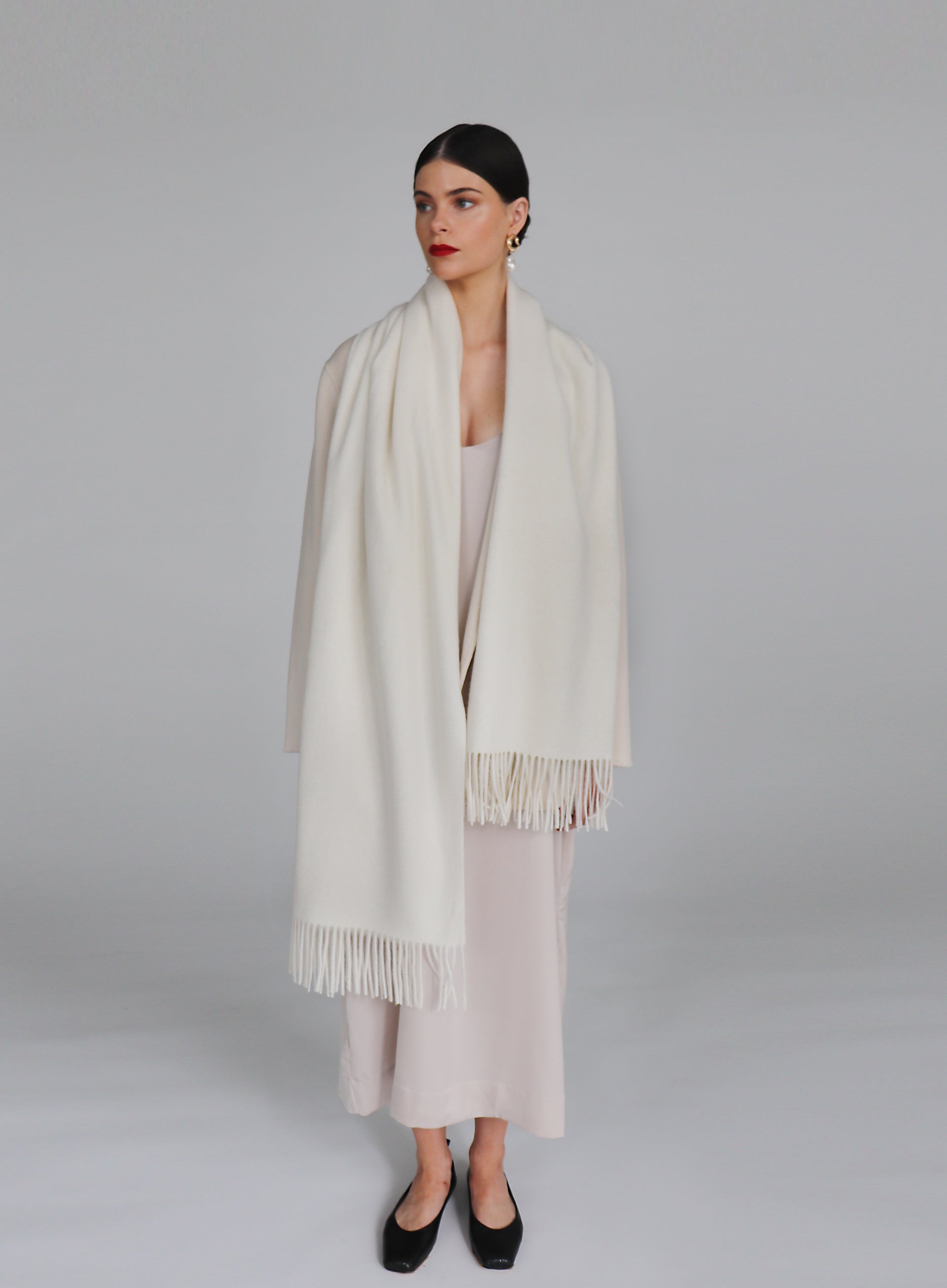White Fringed Cashmere Scarf