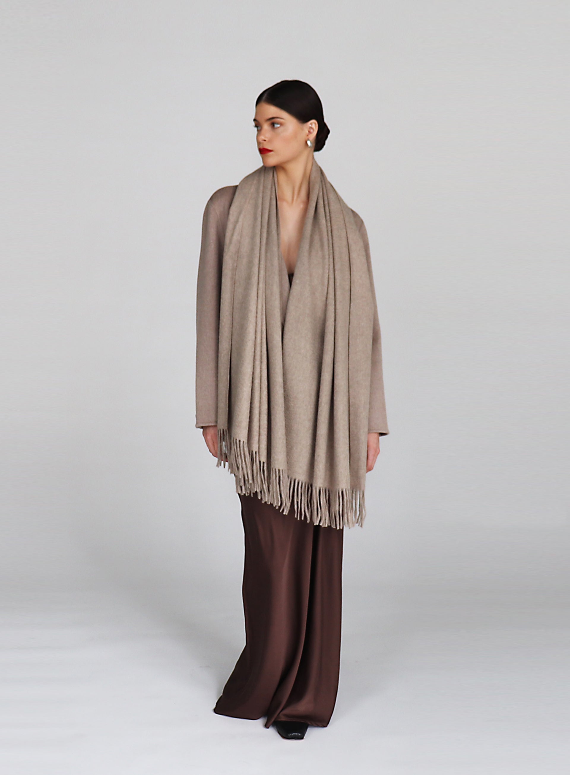 Beige  Fringed Cashmere Scarf
