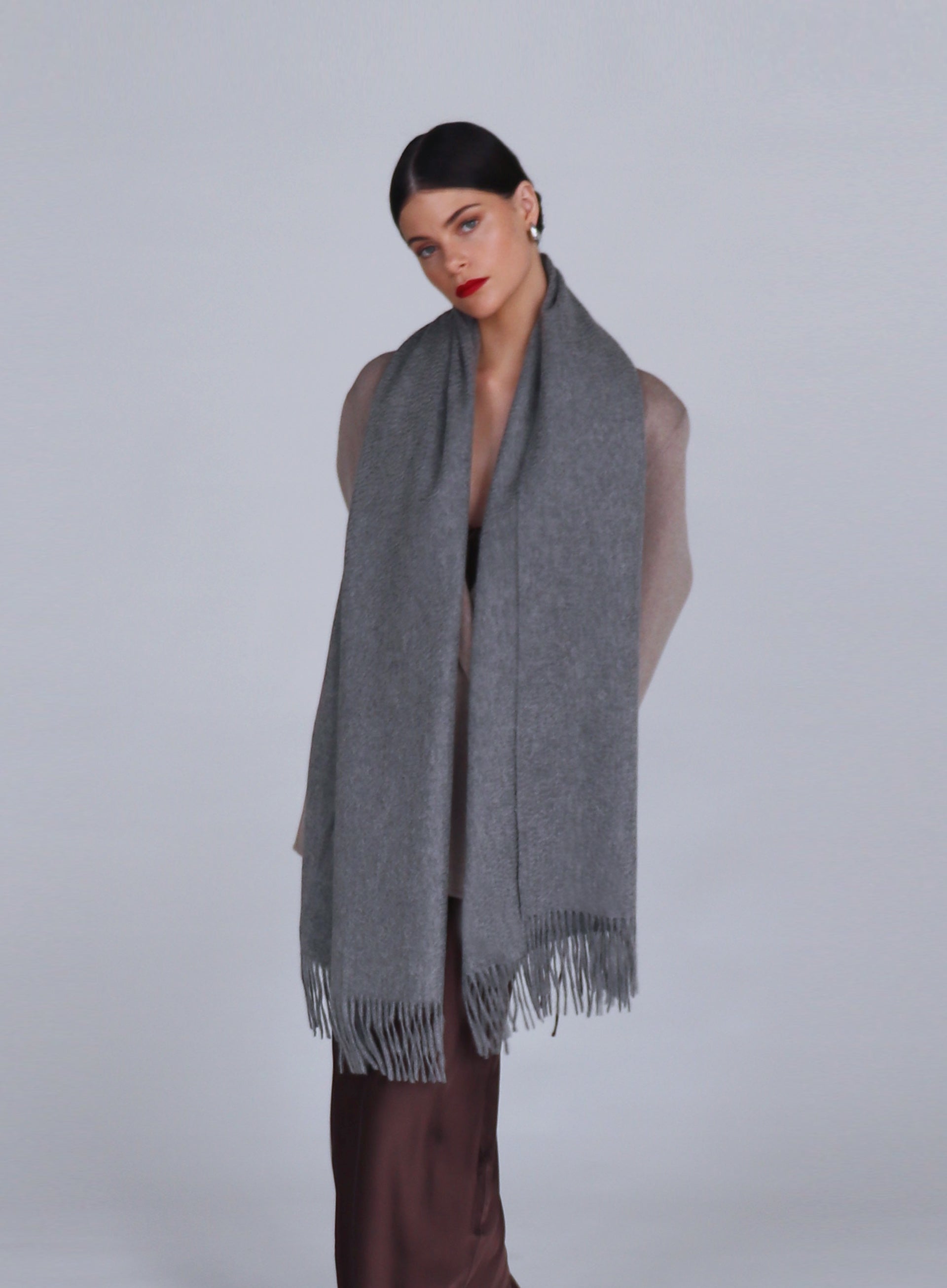 Dark Grey Fringed Cashmere Scarf